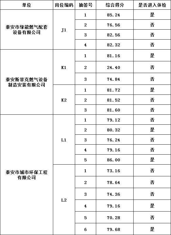 泰安市泰山城建集团有限公司部分权属企业工作人员 综合成绩及进入体检人员名单公告